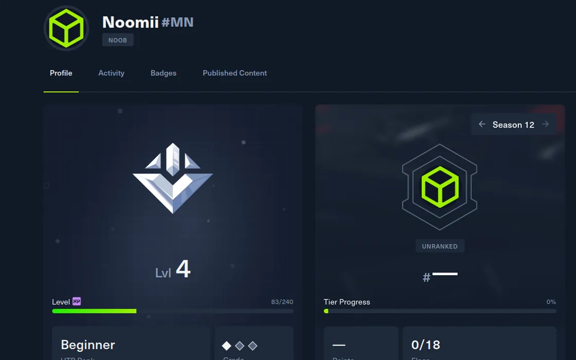 HackTheBox profile page showing level and season progress